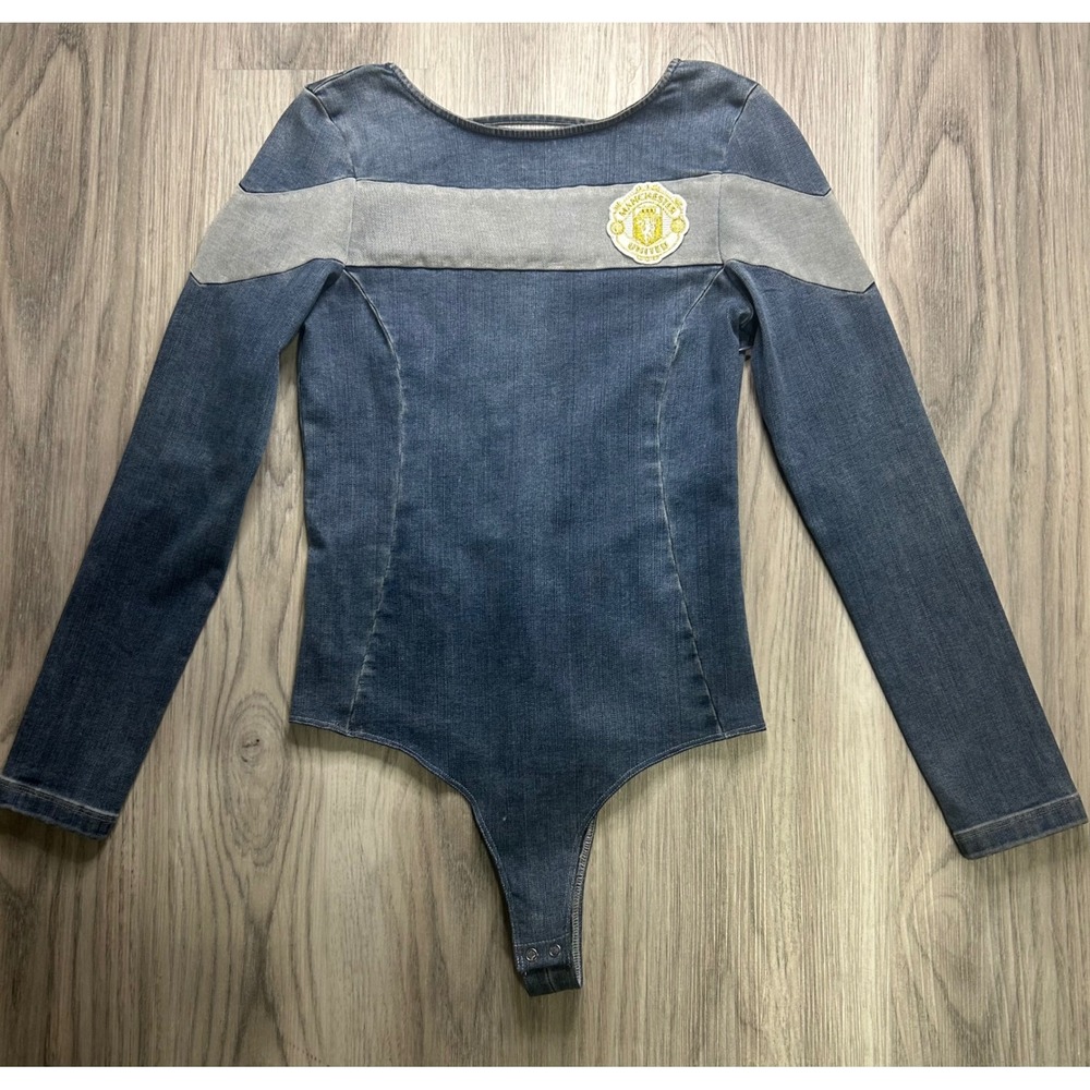 True Religion Denim Long Sleeve Bodysuit Manchester United Patch Button cutout